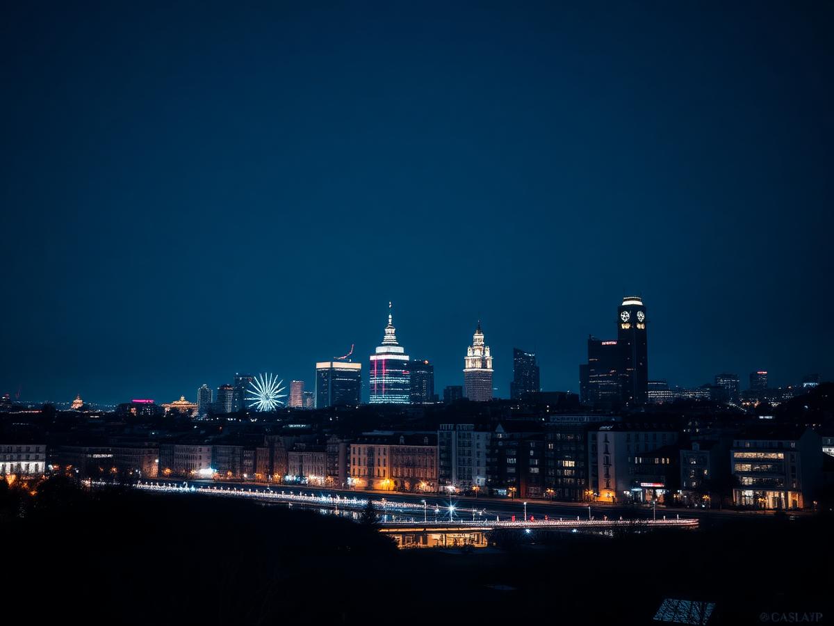 Skyline notturno di una città europea